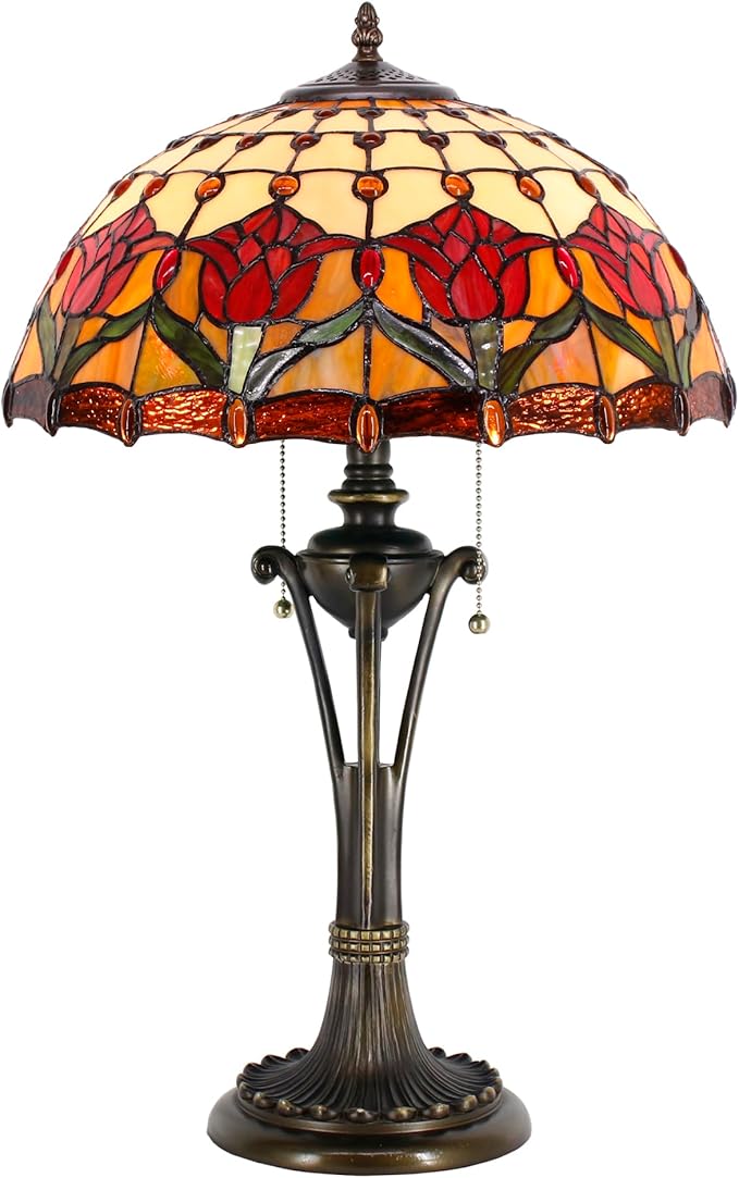 Tiffany Table Lamp Red Amber Stained Glass Desk Lamp 16X16X24 Inches Tulip Flower Style Reading Light