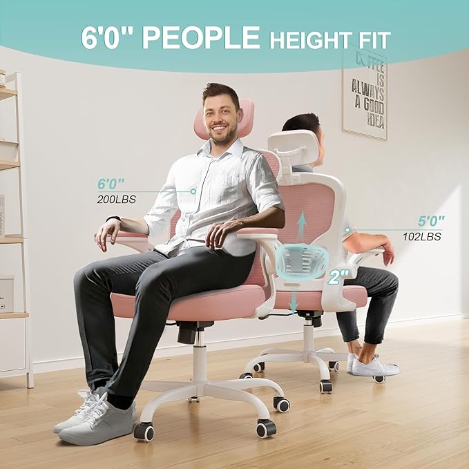 Office Chair Ergonomic Desk Chair, 330LBS Capacity, High Back Computer Chair for Long Hours Comfortable, Rolling Swivel Executive Task Chair for Home Office with Flip-up Armrests(White Pink)