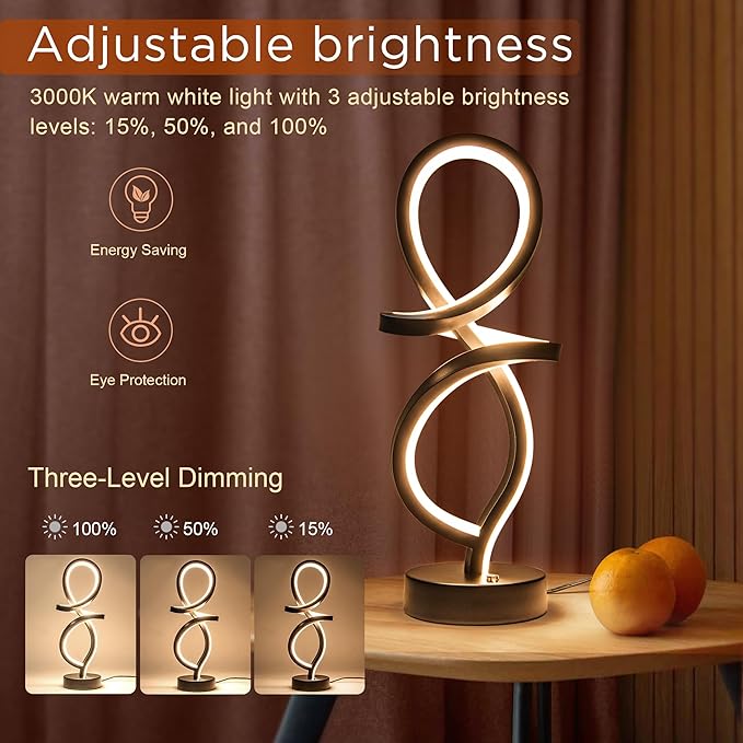 Mayful Modern RGB Table Lamp with LED Spiral Design, Black Bedside Lamp & Nightstand Lamp, Touch Dimmable with 7 Colors & 10 Modes for Bedroom, Living Room, Home Office, 15W