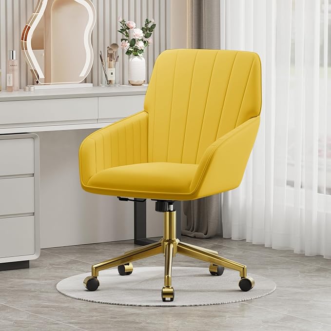YISHENG Velvet Office Desk Chair with Gold Base, with Wheels,Modern Height Adjustable 360 Degree Swivel Upholstered Vanity Chairs with Arms for Living Room Bedroom.Yellow