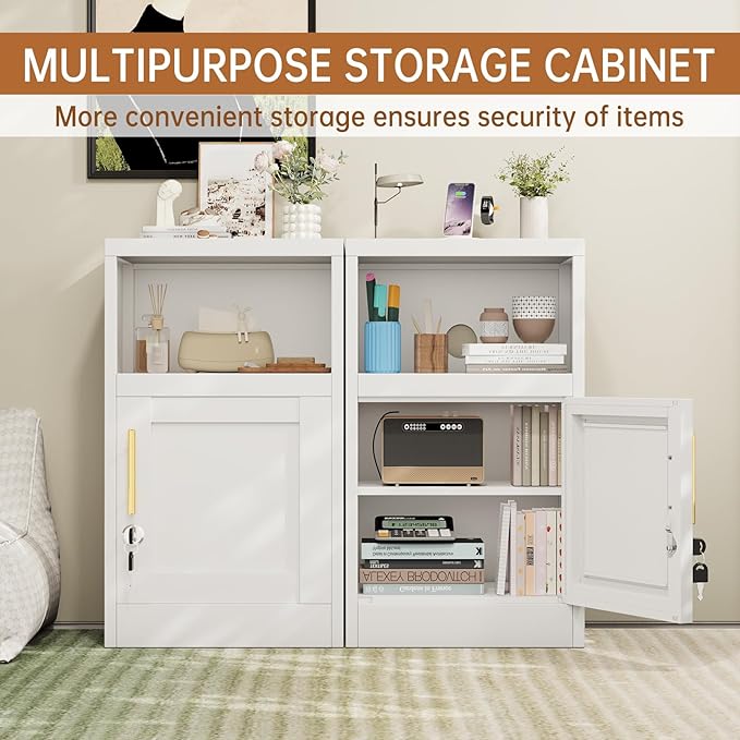 Metal White Nightstand with Lockable, 27.56" Small End Table Storage Cabinet with Door and Adjustable Shelf, Versatile Side Table for Bedroom, Living Room or Office (White)