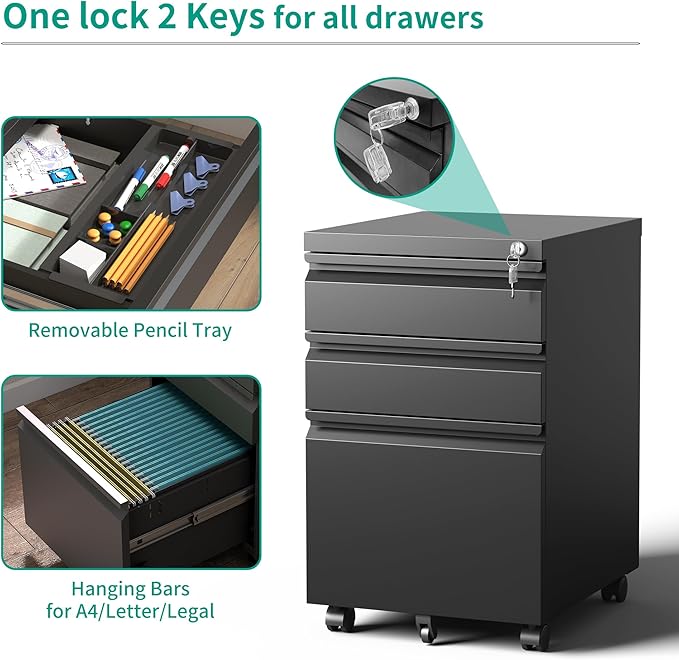 File Cabinet, Vertical File Cabinets with Lock for Home Office,Heavy Duty Office Steel Filing Cabinet for Hanging Letters/Legal/A4 (Black, 3 Drawers-Wheel)