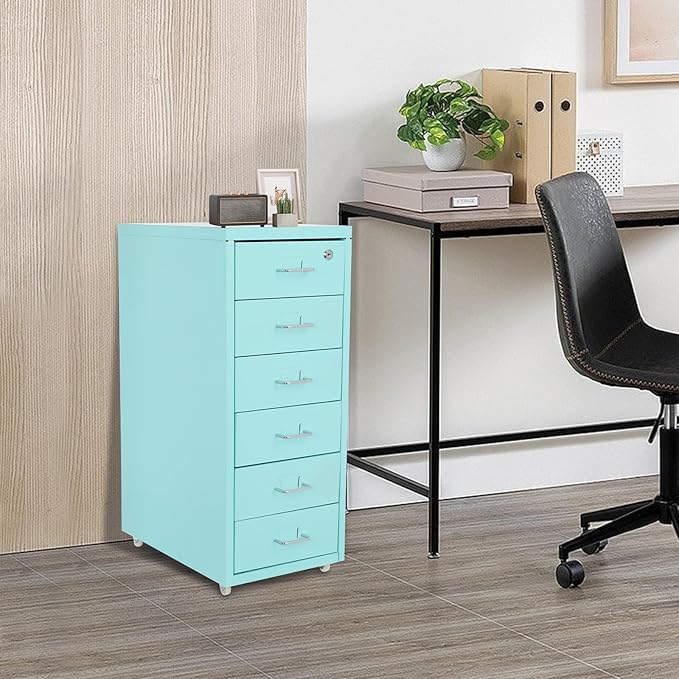 TFCFL Mobile File Cabinet 6 Drawer Vertical File Cabinet with Wheels Metal File Cabinet with Lock for Home Office, 11" D x 16" W x 27" H (Blue)