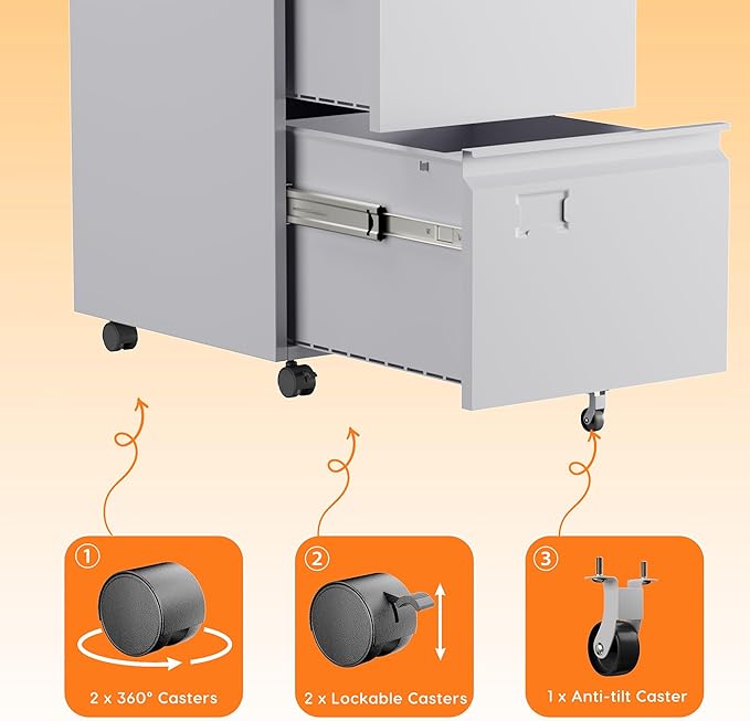 2 Drawers Metal File Cabinet with Lock, Under Desk Mobile Filing Storage Cabinet with Business Card Slot for Letter/Legal/F4/A4 Size Folders,Required Assembly,14.57"W x 17.36"D x 25.79"H,White