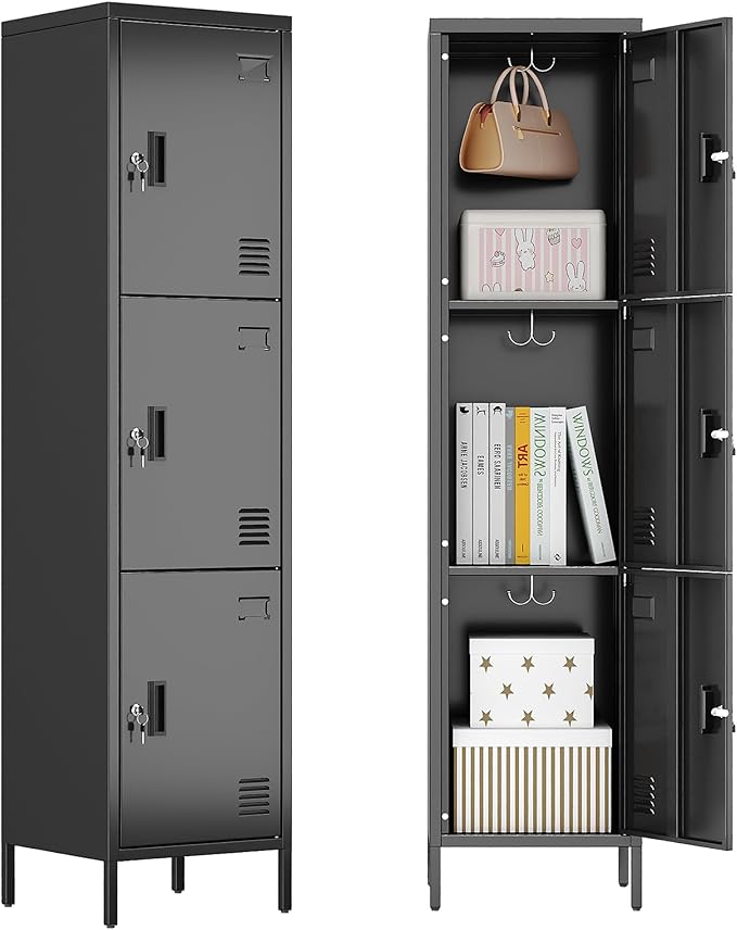 Metal Locker with Hooks and Ventilation Holes,Metal Storage Locker with Keys and Business Card Slof for Home,Gym,Garage,School,Office,66" H×15.75" W× 15.75" D,Assembly Required,Black
