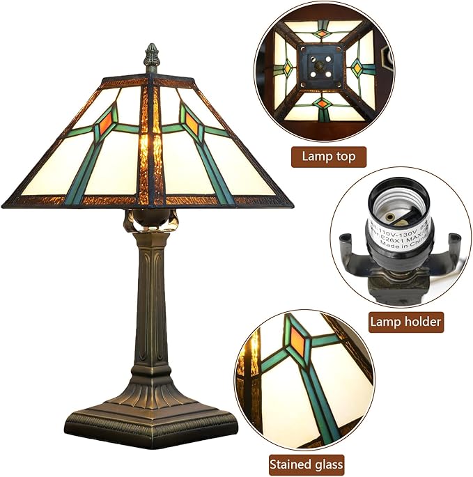 Tiffany Style Table Lamp Mission Design Stained Glass Lamp Vintage Handmade Nightstand Lamp with LED Bulbs Included for Home Living Room Bedroom Office
