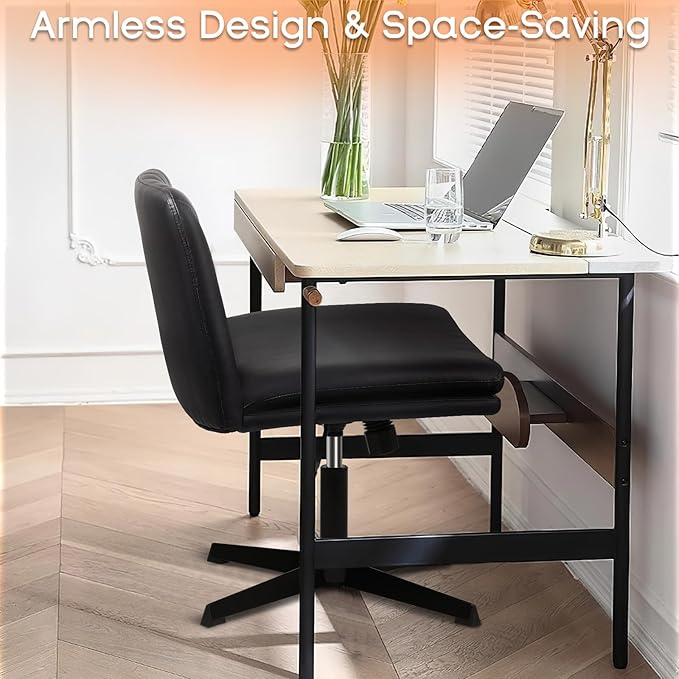 PUKAMI Criss Cross Legged Office Chair,Armless Office Desk Chair No Wheels,PU Leather Modern Swivel Vanity,Height Adjustable Wide Seat Mid Back Computer Task Chair for Home Office