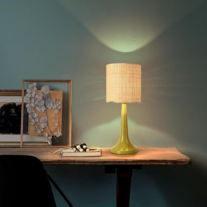 Green Rattan Small Table Lamp for Bedroom, Green Bedroom Lamps for Bedside Nightstand, Small Rattan Shade Table Shape Lamps for Small Spaces for Kitchen Counter, Home Office, Living Room, Kids Dorm