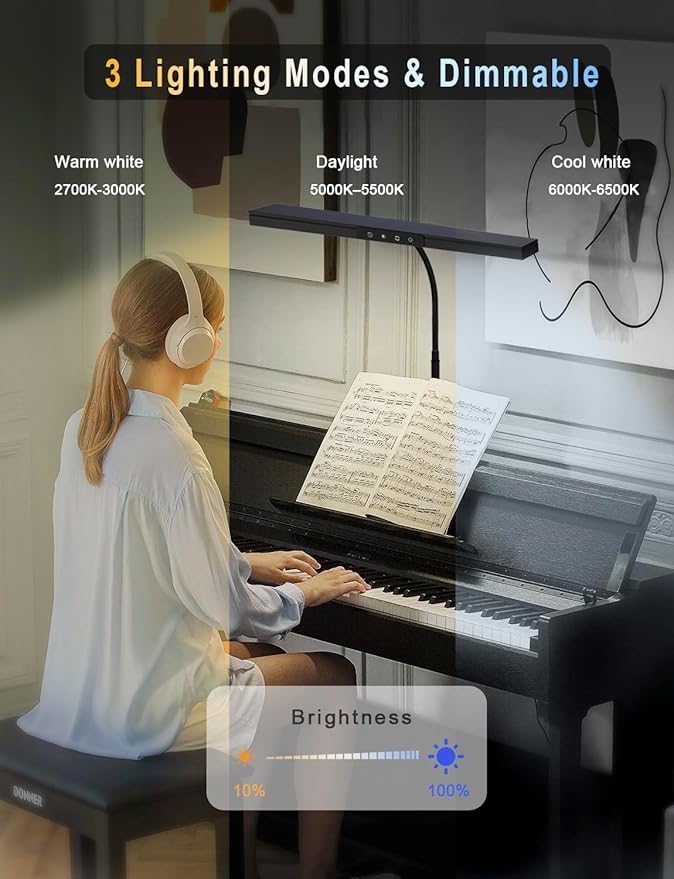 Piano Light for Upright Piano,Wide Illumination Covering Music Sheet 88 Key LED Piano Lamp for Grand/Digital Pianos,Dimmable Desk Lamp 3 Color Modes,Gooseneck,Timer,Eye Care Music Stand Light Black
