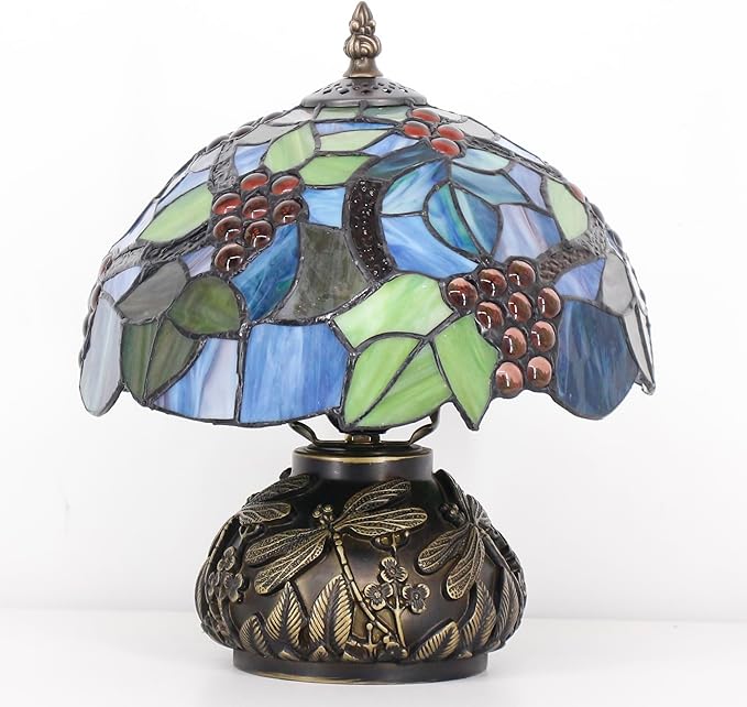 Small Tiffany Table Lamp Amber Grapes Style Glass Desk Lamp 10X11.5 Inch Mushroom Table Light for Office Home Living Room Bedroom