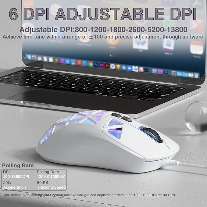 SOLAKAKA SM901 Gaming Mouse,13800DPI RGB Mouse with Programmable Buttons,53g Lightweight Wired Mouses for Gamer,White