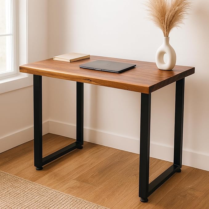 Solid Walnut Wood Computer Desk – 38” x 25” Live Edge Wooden Home Office Desk with Sturdy Metal Legs – Handmade Real Wood Table for Work, Study, or Gaming