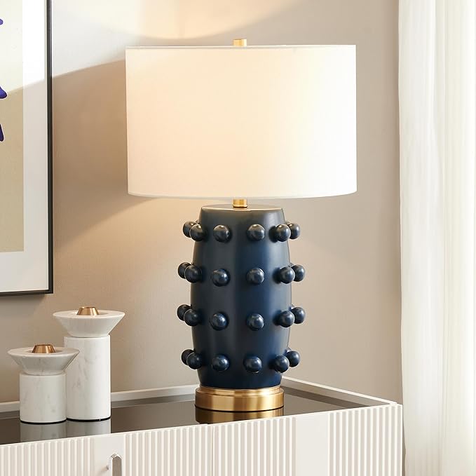 Henn&Hart 25.5'' Modern 1-Light Ceramic Table Lamp with Spherical Orbs on Lamp Body with White Fabric Drum Shade for Living Room, Bedroom, or Office, Matte Navy
