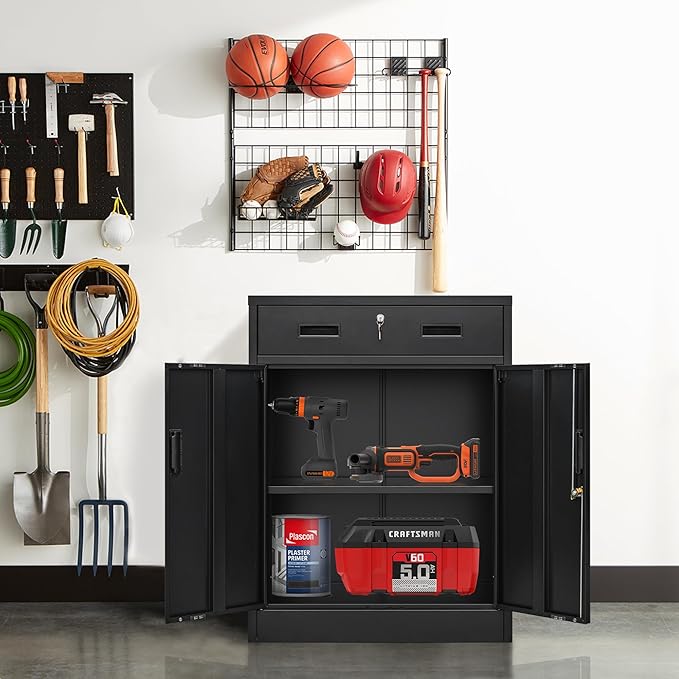 Metal Storage Cabinet, Locking Cabinet with One Drawer and Adjustable Shelf, 36.2" H x 28" W x 16" D Steel Storage Cabinet for Office, Garage, Home-Black