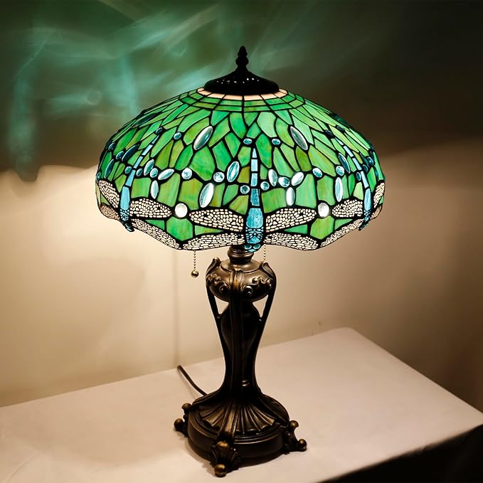 Tiffany Stained Glass Table Lamp 16X16X24 Inch Green Dragonfly Style Desk Bedroom Living Room Antique Reading Light (Green Dragonfly)