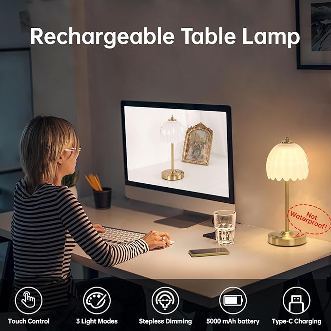 Set of 2 Cordless Table Lamp with 5000mAh Battery & Touch Control - 3 Adjustable Color Temperatures, Dimmable RechargeableTable Lamps for Bedroom, Office Desk, Nightstand (White Tulip)