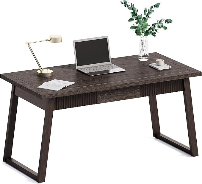 LITTLE TREE 55-Inch Home Office Desk with Drawer, Modern Minimalist Style Wooden Simple Study Writing Table, Mid-Century Log Executive Desk, Computer Desk, PC Laptop Desk Workstation, Dark Brown