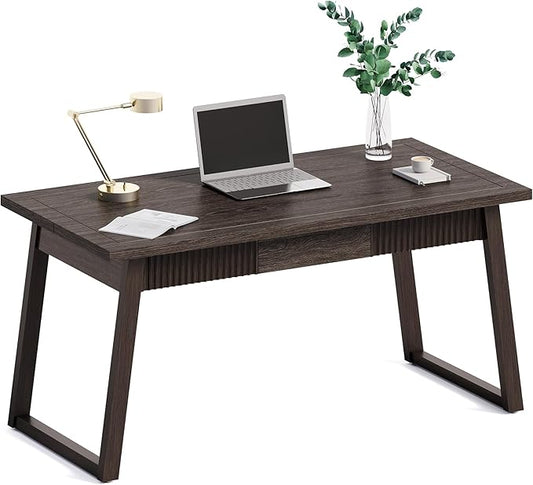 LITTLE TREE 55-Inch Home Office Desk with Drawer, Modern Minimalist Style Wooden Simple Study Writing Table, Mid-Century Log Executive Desk, Computer Desk, PC Laptop Desk Workstation, Dark Brown