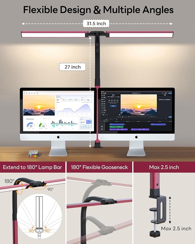 LED Desk Lamp for Home Office, Eye-Caring Desk Light with Clamp, Stepless Dimming 24W Double Head Architect Task Lamp with Remote Control, Flexible Gooseneck for Working Studying Reading Drafting(RED)
