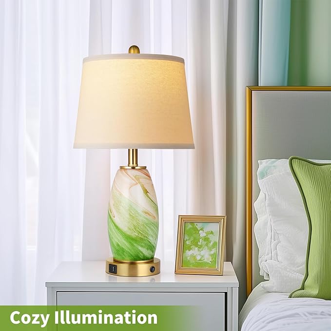 Green Lamps Set of 2 for Bedroom & Bedside with 3-Way Lighting Modes & USB C+A - Modern Style Glass Nightstand Table Lamps for Living Room & Bedroom Decoration (23.5" H)