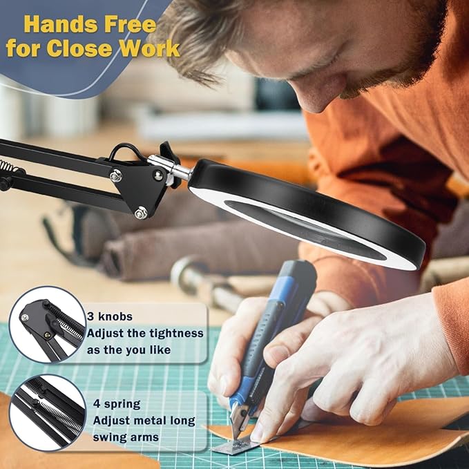 LANCOSC 10X Magnifying Glass with Light and Clamp, 5 Color Modes Stepless Dimmable Lighted Magnifier with Light, Adjustable Swing Arm LED Desk Lamp Hands Free for Close Work Crafts Repair Painting