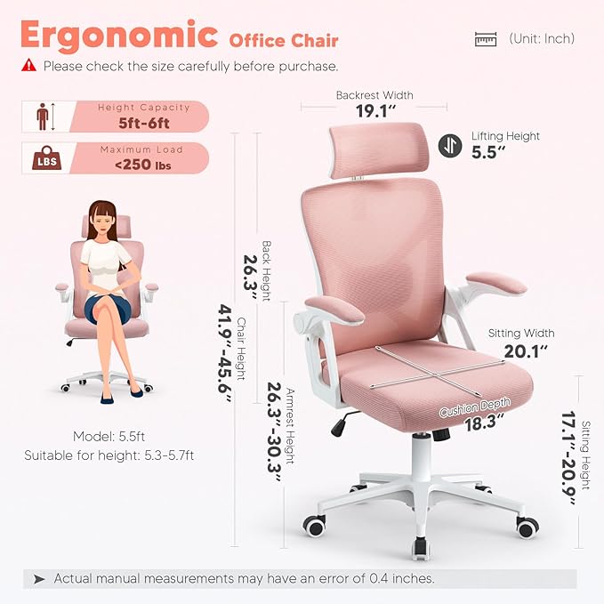 SEATZONE Ergonomic Office Chair Mesh Back Support Desk Chairs with Wheels and Flip-up Arms, Comfortable Computer Chair Lumbar Support for Teens and Adults,Light Pink