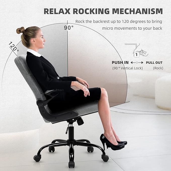 SEATZONE Home Office Executive Desk Chair with Wheels,Comfortable Ergonomic Flip-up Armrest Adjustable Swivel Computer Desk Chair,Grey