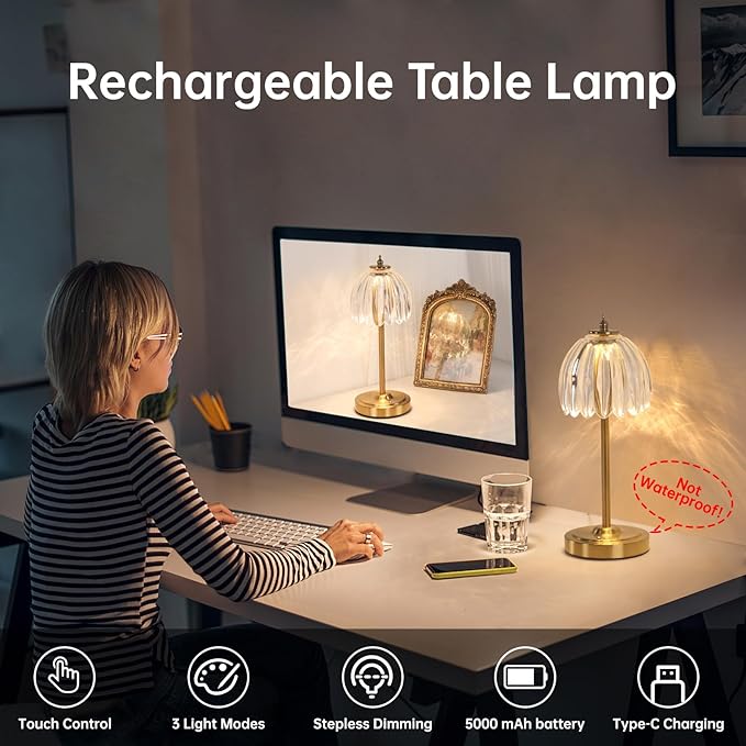 Set of 2 Cordless Table Lamp with 5000mAh Battery & Touch Control - 3 Adjustable Color Temperatures, Dimmable RechargeableTable Lamps for Bedroom, Office Desk, Nightstand (Transparent Tulip)