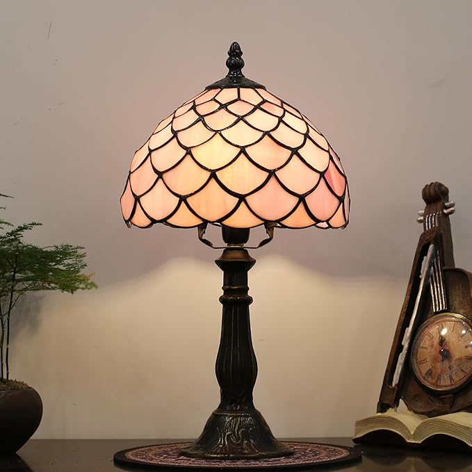Tiffany Small Table Lamp for Bedroom Bedside Nightstand Table Lamps for Living Room 3 Way Color Temperatures Stained Glass Table Lamp 8X8X15 Inch Home Office Reading Desk Lamp (pink fish scales)