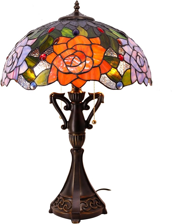 Tiffany Table Lamp 24 Inch High Antique Stained Glass Purple Orange Rose Flower Desk Reading Light Wide 16 Inch for Bedroom Living Room Home Office