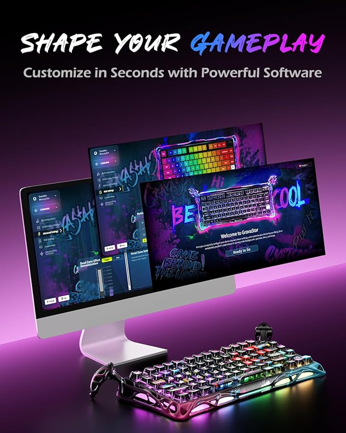 GravaStar Mercury V75 Pro 75% Hall Effect Magnetic Switch Gaming Keyboard, Only Wired, Hot‑Swappable, 8000 Hz Polling, Dual‑Zone RGB, Semi‑Aluminum Frame - Neon Graffiti