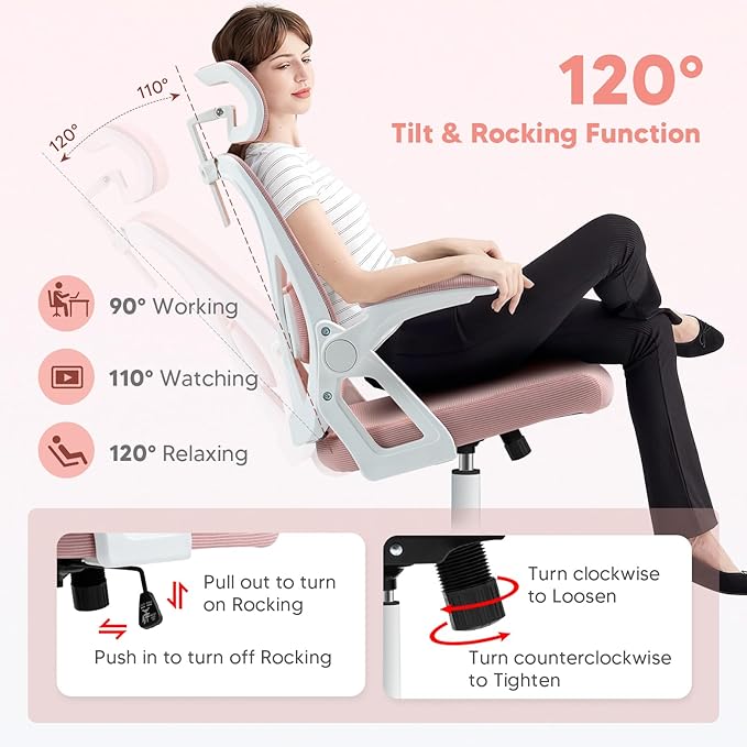 SEATZONE Ergonomic Office Chair Mesh Back Support Desk Chairs with Wheels and Flip-up Arms, Comfortable Computer Chair Lumbar Support for Teens and Adults,Light Pink