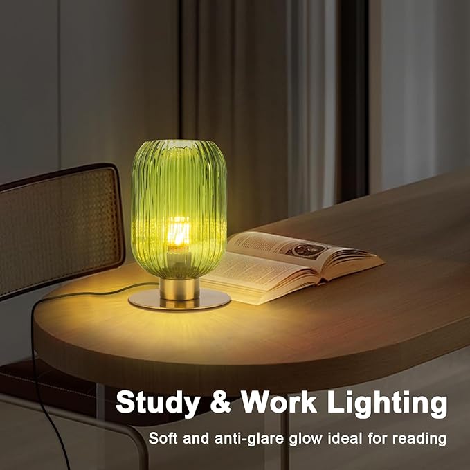 Green Glass Table Lamp, Mid Century Modern Table Lamp Vintage Gold Bedside Lamp with Brass Metal Base, Decorative Desk Lamp Small Boho Lamps for Bedroom Nightstand Living Room Office