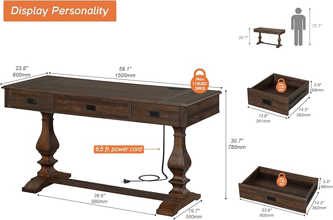 WAMPAT 60-inch Vintage Wood Home Office Desk with Stable Solid Wood Pedestral Legs, Tradional Rustic Executive Desk with Deep Drawers and Power Outlets for Office,Study,Dark Walnut Brown