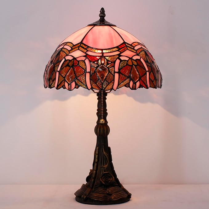 Tiffany Stained Glass Table Lamp 12X12X19 Inch Pink Jewelry Style Desk Bedroom Living Room Reading Light (Pink Bent)