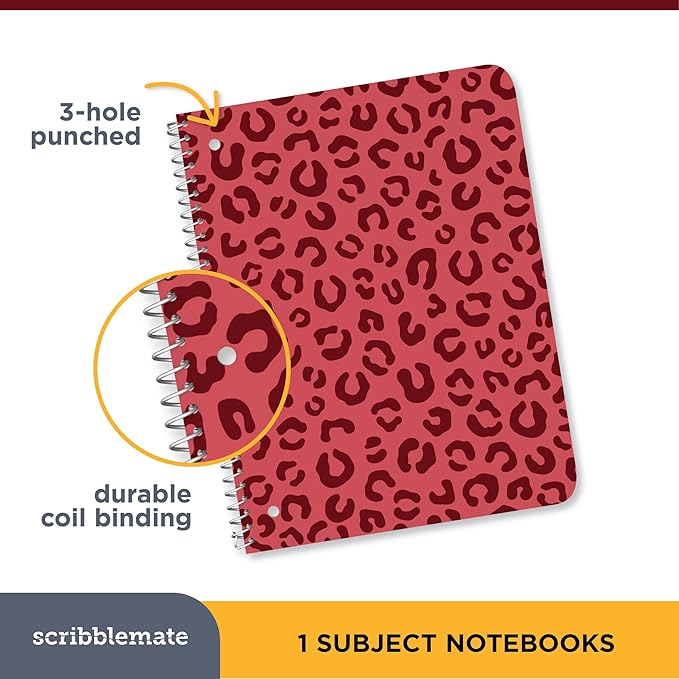 Spiral Notebooks College Ruled 1 Subject Spiral Notebook Pack of 12 Assorted Bold Colors, 8 x 10 1/2 Inch, 70 Sheets, Leopard Pattern Notebooks for Work & School