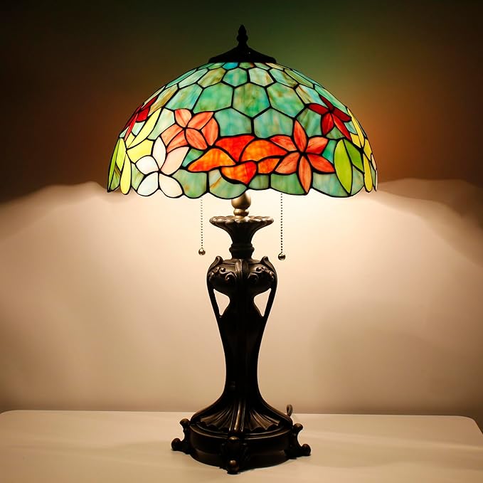 Tiffany Stained Glass Table Lamp 16X16X24 Inch Green Red Flowers Style Desk Bedroom Living Room Antique Reading Light (Red Flowers)