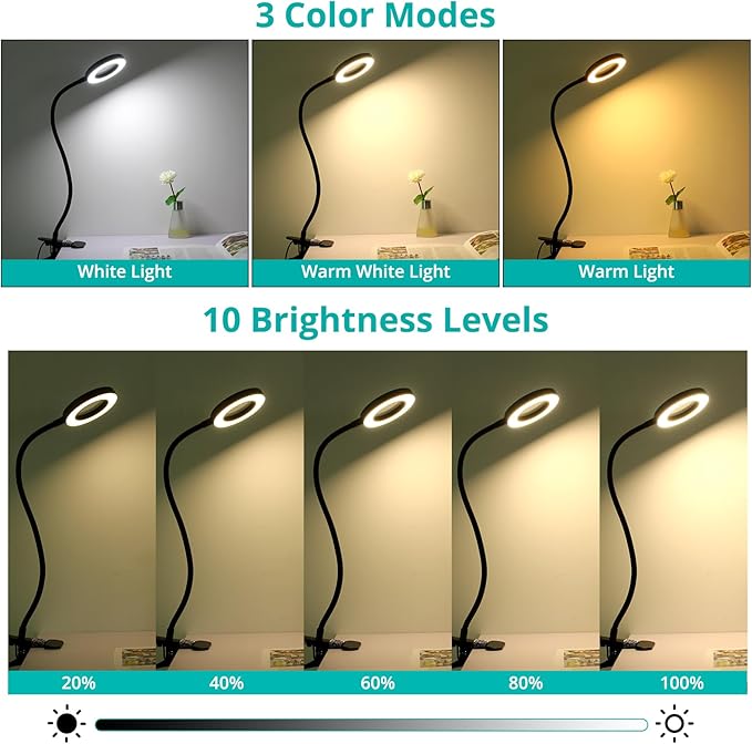 5X Magnifying Glass Desk Lamp with Clamp, 10 Brightness Levels, 3 Color Modes, 5V/2A Adapter Included – Clip Light for Reading, Crafting, Painting, Close Work (Black)