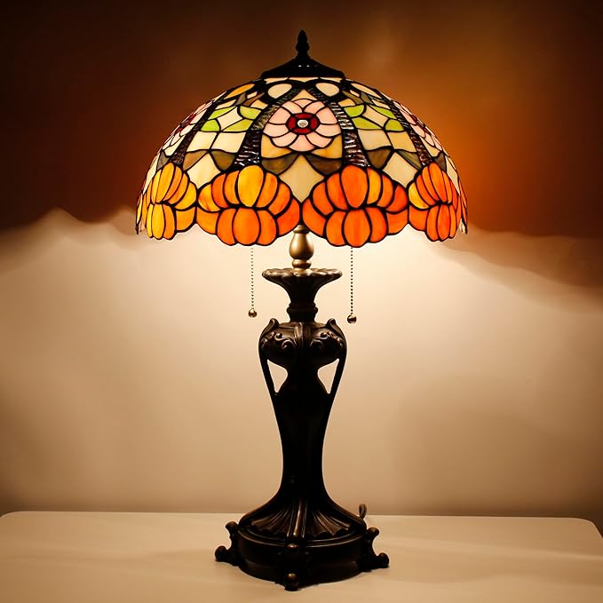 Tiffany Stained Glass Table lamp 16X16X24 Inch Orange Flower Style Desk Bedroom Living Room Antique Reading Light (Orange Flower)