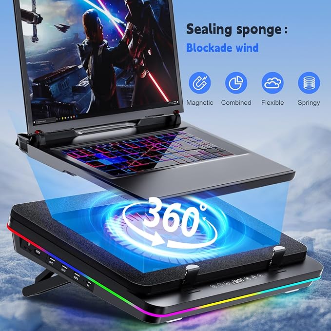 GT600 RGB Laptop Cooling Pad Equipped with Gigantic Turbo-Fan(5.5inch Diameter),Sealed Foam for Rapid Cooling Gaming Laptop,14.1-19.3 inch Laptop Cooler with 3-Port USB Hub,Dust Filter