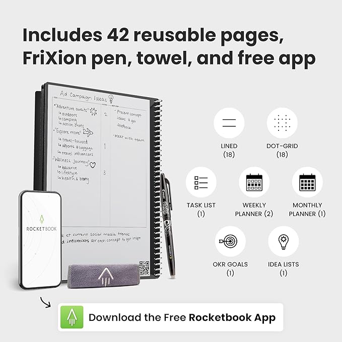 Rocketbook Fusion Reusable Undated Productivity Planner, Letter Size 8.5x11, Steel Blue - Goals, Monthly and Weekly Calendar, Daily To-do List, Lined and Dotted Notes Pages