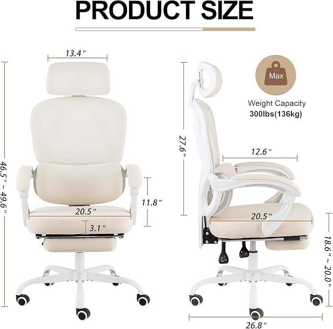 Ergonomic Office Chair with Footrest,90-135 Comfy Reclining Chairs,Home Office Desk Chair with Adjustable Lumbar Support & Headrest,Mesh High Back Computer Executive Chair (Beige)