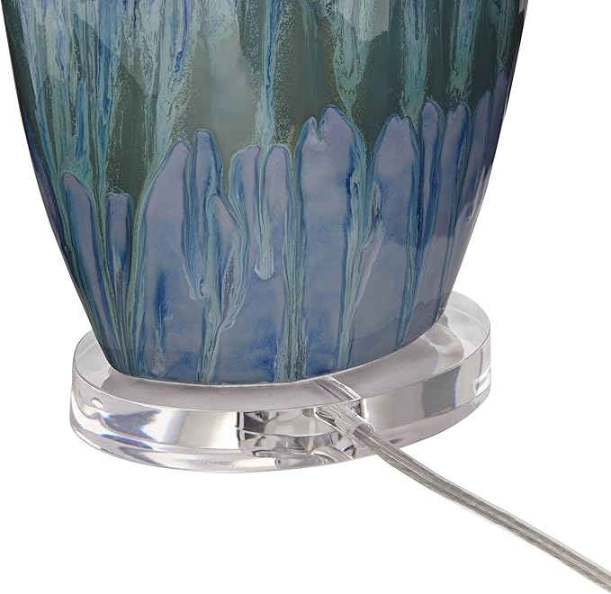 Possini Euro Design Annette Modern Style 3-Way Table Lamp with Table Top Dimmer 38" Tall Blue Drip Ceramic Off White Fabric Oval Shade Decor for Living Room Bedroom House Bedside Home
