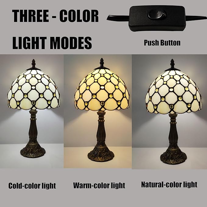 Small Tiffany Table Lamp 8 Inch Tiffany Style Desk Lamp Stained Glass Antique Light Bedroom Bedside Lamp Retro Reading Lamps (White Pearls Style)