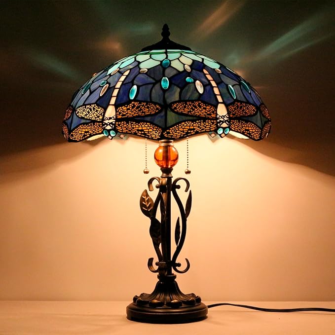 Tiffany Table Lamp Blue Dragonfly Stained Glass Desk Reading Light 16X16X24 Inch Metal Leaf Base for Bedroom Living Room Home Office
