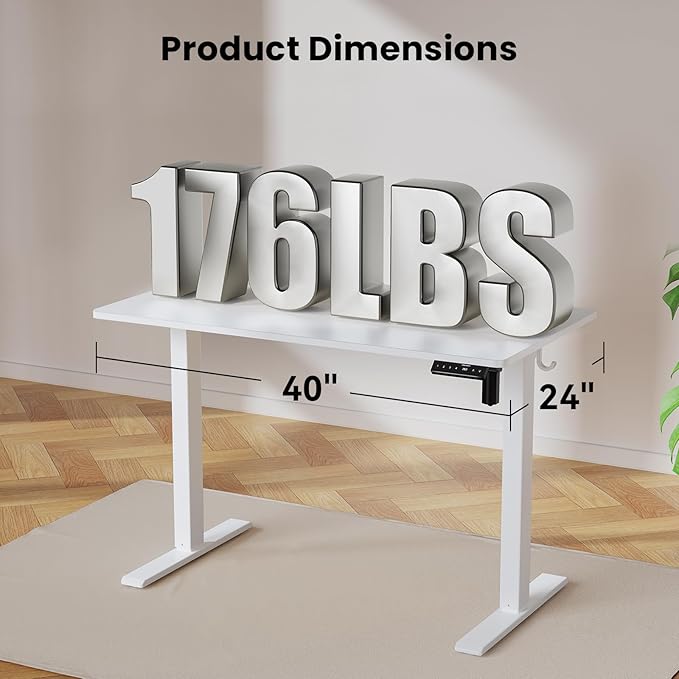 40x24 Inches Height Adjustable Electric Standing Desk with 2 Hooks for Home Office, Ergonomic Sit Stand up Desk with Splice Board, White
