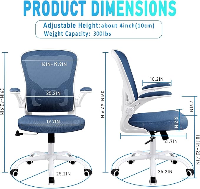 Flysky Ergonomic Office Chair, Mesh Home Office Desk Chair with Flip-up Arms and Lumbar Support, Height Adjustable, Swivel, White & Blue