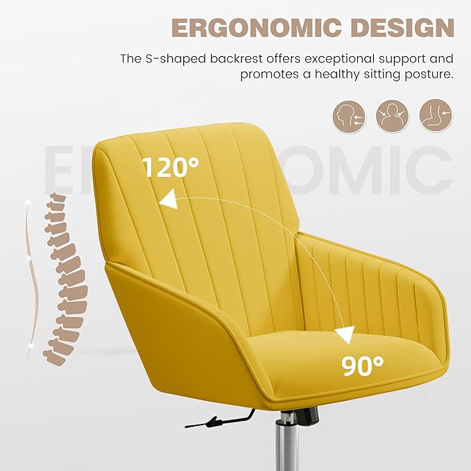 YISHENG Velvet Office Desk Chair with Silver Base, with Wheels,Modern Height Adjustable 360 Degree Swivel Upholstered Vanity Chairs with Arms for Living Room Bedroom,Yellow