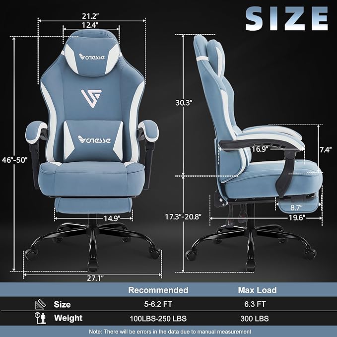 Vonesse Gaming Chair, Computer Chair Fabric with Pocket Spring Cushion, Office Chair with Footrest and Massage Lumbar Support, Reclining Gaming Chairs for Adults 250LBS (Blue)
