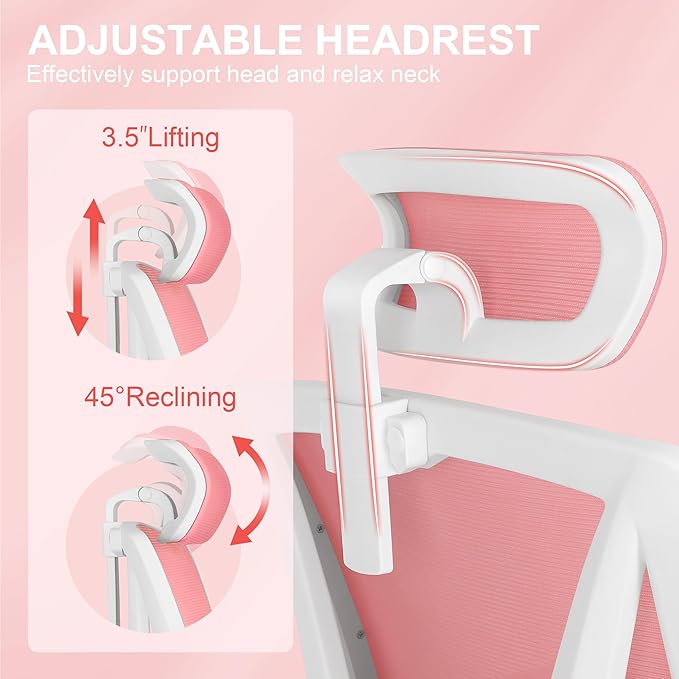 Misolant Ergonomic Office Chair with Footrest, Pink Desk Chair with Adjustable 2D Lumbar Support, High Back Mesh Ergonomic Office Chairs with Adjustable Headrest and Linkage Armrest